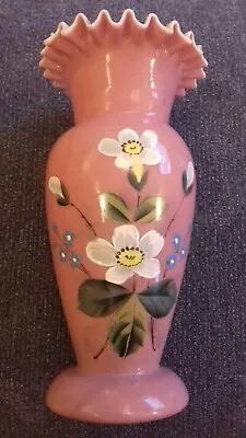 Buy Antique Victorian Pink Over White Opaline Glass Vase - Hand Painted Flowers • 23.95£