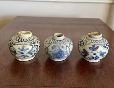 Buy 3x Chinese Blue & White Decoration Pottery Jarlet 13-14th C. • 203.58£