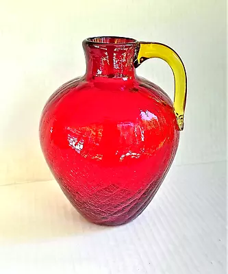 Buy Red Crackle Glass Pitcher Jug Vase VINTAGE 6 1/2  Tall MCM Farmhouse Decor • 22.64£
