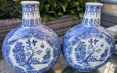 Buy Rare Pair Of Moon Flask Vases Willow Pattern Victoria Ware Ironstone Antiques  • 60£