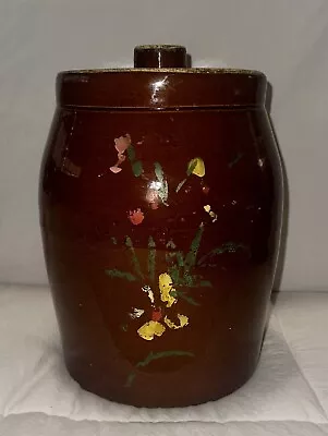 Buy Antique Stoneware Crock Brown With Flowers Very Old Pot, Rustic Cookie Jar • 57.07£