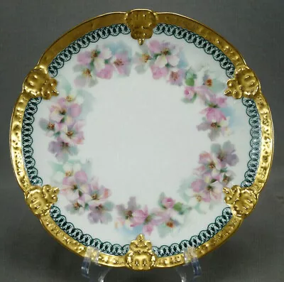 Buy Limoges Pink & White Wild Roses Green Scrollwork & Gold 8 3/8 Inch Plate • 139.79£