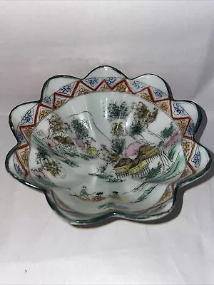 Buy Antique Footed Scalloped Bowl Hand Painted Depicting A Traditional Japanese… • 34.99£