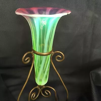 Buy Epergne Green & Pink Vaseline Glass With A Brass Stand 14 Cm Tall • 75£