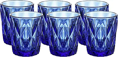 Buy Blue Water Glasses Set 6 WHOLE HOUSEWARES Colored Glass Drinkware Cobalt Diamond • 19.99£