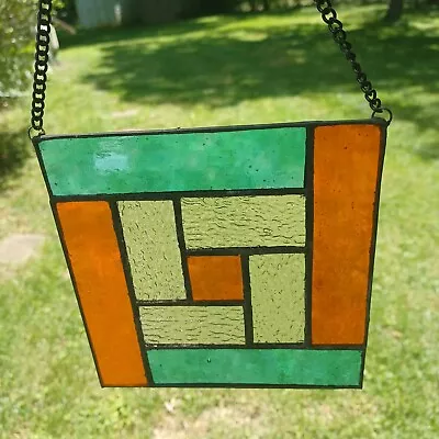 Buy Real Stained Glass FLOATING SQUARE Suncatcher,  Aqua/Orange, Ready To Hang • 20.50£