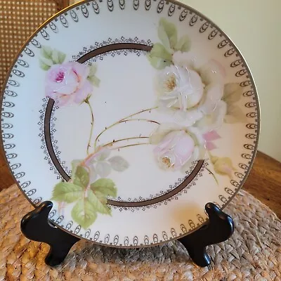 Buy Antique Bavarian Porcelain Plate Hand Painted Pink & White Roses, Gold Trim 8.5  • 13.46£