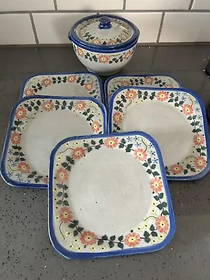 Buy Mexico Pottery Set Of 5 Plates & Bowl Lid Crock Blue Gray Flowers Tonala Signed • 18.63£