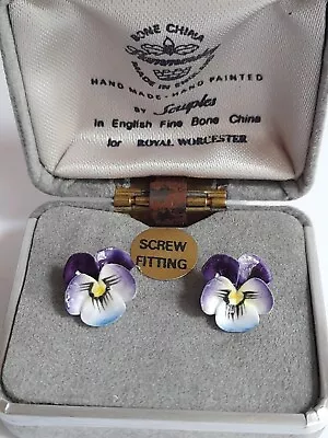 Buy Vintage Pair Porcelain Pansy Flower Screw Earrings - Hammersley Royal Worcester • 14.99£