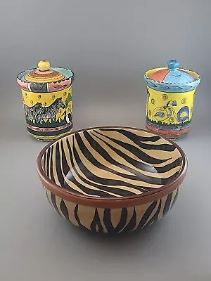 Buy Lot Of 3 Art Pottery PENZO Zimbabwe Africa Hand Painted Large Bowl & 2 Canisters • 93.36£