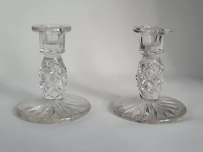 Buy VINTAGE ART DECO CLEAR PRESSED GLASS PINEAPPLE CANDLESTICKS, Tropical Decorative • 22.50£