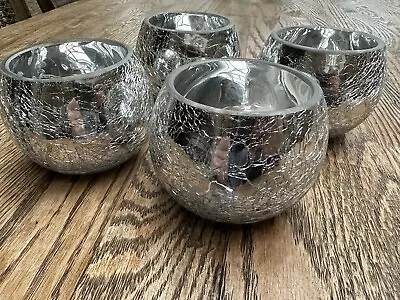 Buy 4 Crackle Glazed Silver Glass Bowl Shaped Tea Light Candle Holders • 20£