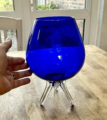 Buy Vintage Hand Blown Cobalt Blue Glass Balloon Vase With Clear Glass Tripod Feet • 17£