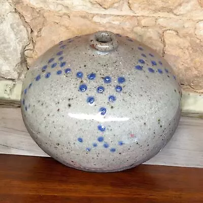 Buy Pottery Stoneware Glazed Round Squatty Vase Blue Raised Dots Star Design • 32.62£