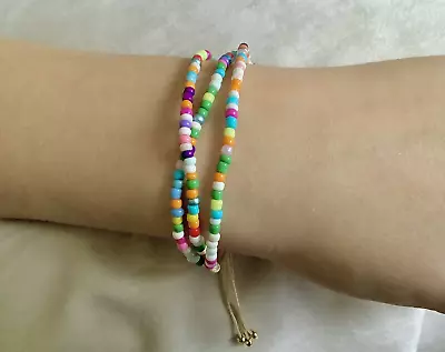 Buy Multicolour 3 Strand Seed Bead Bracelet Adjustable Video Hippie Boho Holiday • 4.95£