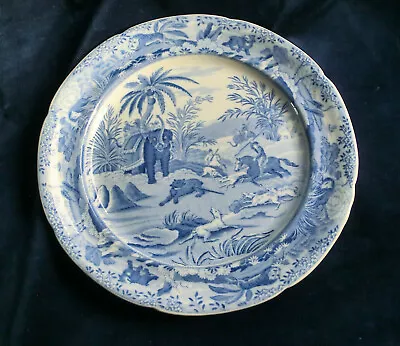Buy ANTIQUE BLUE TRANSFERWARE DEATH Of A BEAR ORIENTAL SPORTS DINNER PLATE C.1820   • 425£