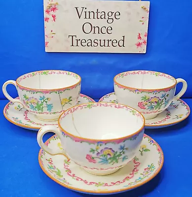 Buy 3x Antique MINTON ALMA Pink Floral JUMBO CUPS & SAUCERS C1915 (B925, 654443) AF • 11.93£