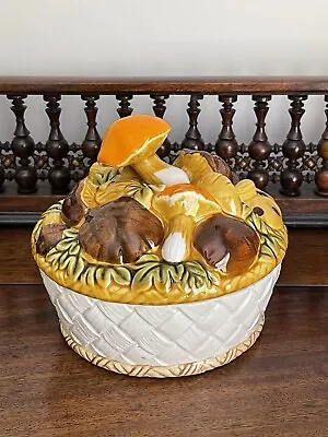 Buy Vintage Ceramic Lidded Dish Bowl Basket Weave Mushrooms Autumn Scene Amber Brown • 19.99£