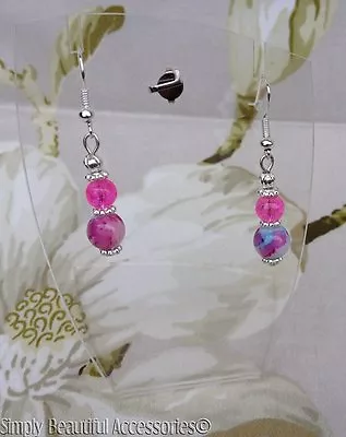 Buy Pretty Crackle Glass Marble Beads Hot Pink Blue Dangle Pierced Earrings • 6.89£