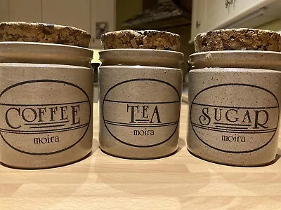 Buy 3 X Vintage MOIRA FARMHOUSE Stoneware Tea, Coffee & Sugar Jar Pot + Cork Lids • 12.75£