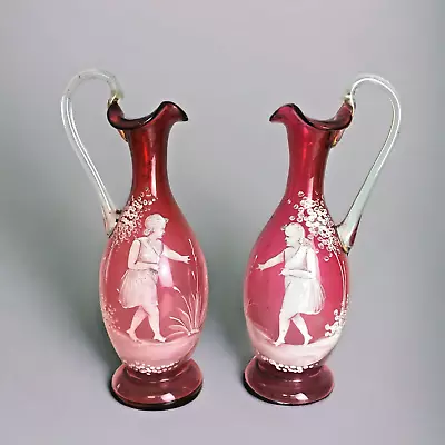 Buy Pair Of Antique Victorian Mary Gregory Cranberry Glass Ewers • 95£