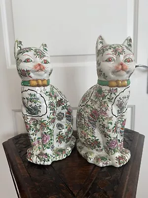 Buy Pair Of Antique Chinese Famille Rose Porcelain Sitting Cats, Canton Circa 1891. • 120£