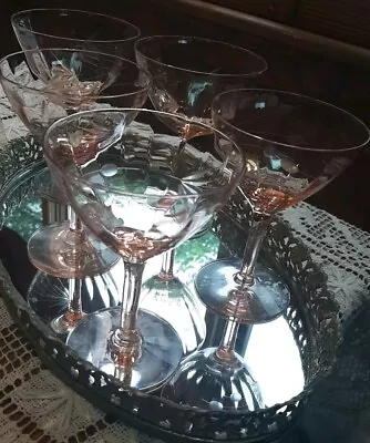 Buy Set 1950's 5 Pink Optic Depression Footed Etched Cattail Champagne Glasses  • 37.28£