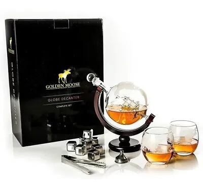 Buy Golden Moose Globe Whiskey Decanter Set With 2 Glasses & 8 Steel Cubes | Unused • 39.99£