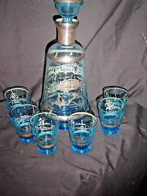 Buy Vintage Venetian Blue Glass Decanter With Six Matching Glasses • 12.99£