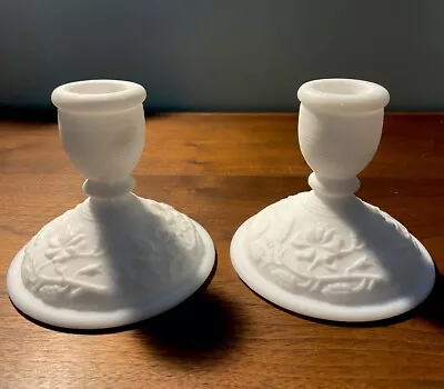 Buy Pair IMPERIAL Glass CANDLE HOLDERS SATIN ROSES WHITE Milk Glass • 13.98£