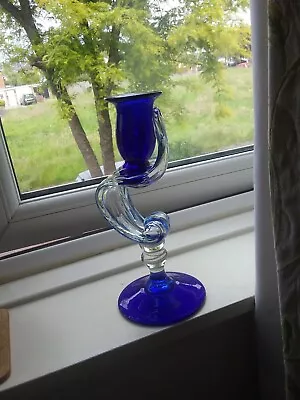 Buy Hand Blown Cobalt Blue Glass Candlestick, Modern Tall Curved Wavy Candle Holder • 16£