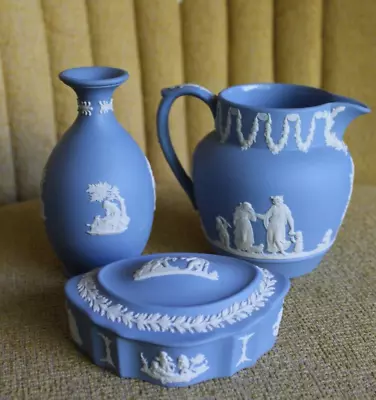 Buy 3 X Wedgwood Jasper Ware Pale Blue Jug Lidded Dish & Vase • 16£