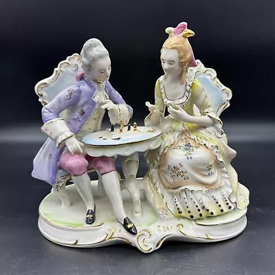 Buy Vtg Dresden Style Polychrome Porcelain Figurine Man & Lady Playing Chess • 37.23£