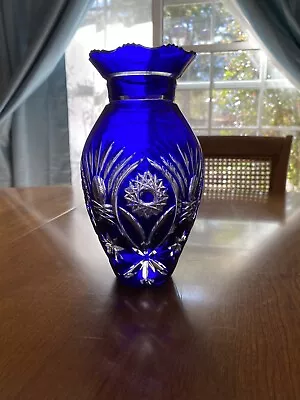 Buy Beautiful Crystal Bohemian Cobalt Blue Hand Cut To Clear 8” Vase Czech • 149.01£