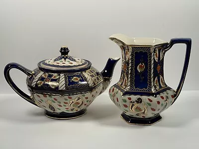 Buy Royal Winton Ivory Ware England Porcelain Art Deco Teapot & Jug In Blue Cobalt • 39.99£