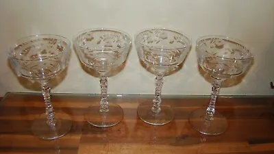 Buy Floral Etched Art Deco Crystal Cocktail Coupe Champagne Glasses Lot Of 4 Vtg • 32.62£
