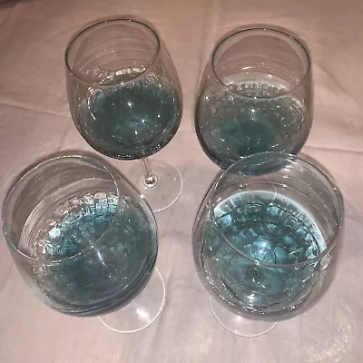 Buy Four Pier 1 Crackle Glass Handblown Balloon Wine Glasses Beautiful Blue • 91.33£