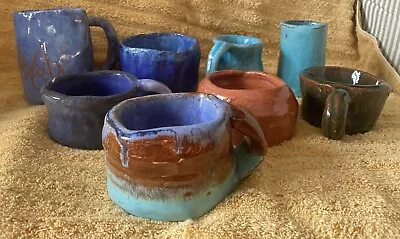 Buy Pottery Misshapen Cups Bowls Heart Shaped Blue Green Brown Lot Of 8 Pieces • 70.02£