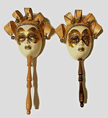 Buy Vintage Pair Of Venetian White And Gold Small Ceramic Masquerade Mask On Wood St • 65.51£