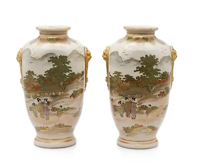 Buy Satsuma Ware Pottery Vase Pair  By Hakusan - Japanese Meiji Antique C1880 • 295£