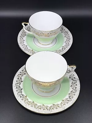 Buy Vintage Fine Bone China Tea Cups Saucers Mint Green 22ct Gold Gilt Pair • 5£