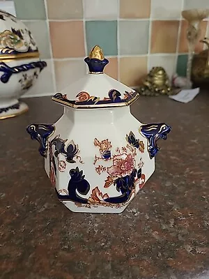 Buy Vintage Masons Blue Mandalay Lion Handled Six Sided Lidded Pot • 45£