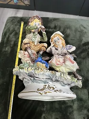 Buy Very Large Capodimonte Figurine Boy Playing Flute, Girl & A Lamb • 250£