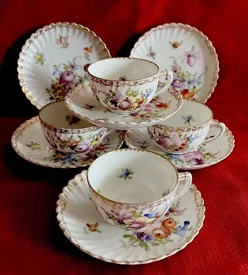 Buy Dresden Floral Pttrn Gold Accents Fluted 4 Cups 6 Saucers Franziska Hirsch Antq • 232.98£