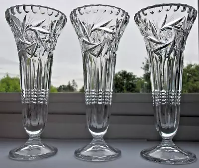 Buy 3 X Vintage Crystal Cut Glass Vases. One Pair, 1 Larger Base. Star Pattern Vase • 6.99£