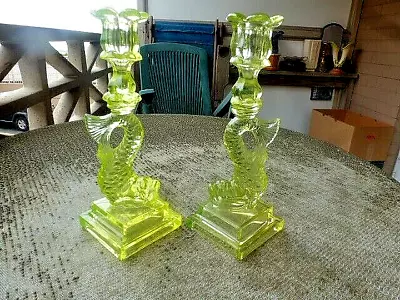 Buy Sandwich Glass Pair Of Dolphin/koi Canary Original Double Step Base Candlesticks • 605.75£