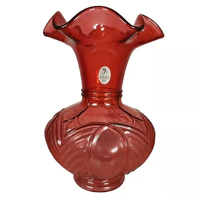 Buy Vintage Fenton Cranberry Glass Vase With Ruffled Edge & Embossed Design 8  Tall • 32.61£