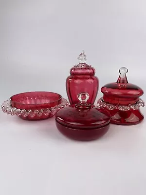 Buy Antique Cranberry Glass Vanity Jars Hand Blow, Clear Glass Frills & Knops • 115£