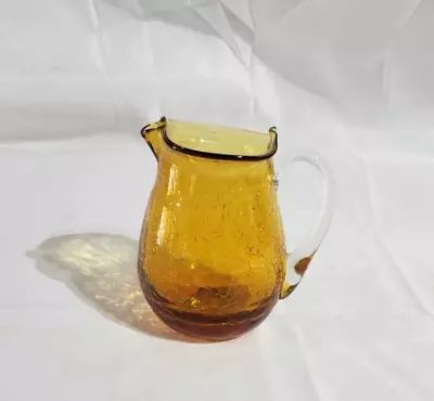 Buy Blenko Amber Pinched Crackled Glass Mini  Vase/pitcher 3 1/2  Tall Vintage Décor • 18.64£