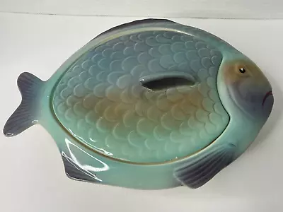 Buy Shorter & Sons Pottery ENGLAND Fish Theme Lidded Bowl ~ Light Blue ~ 1940's/50's • 27.95£
